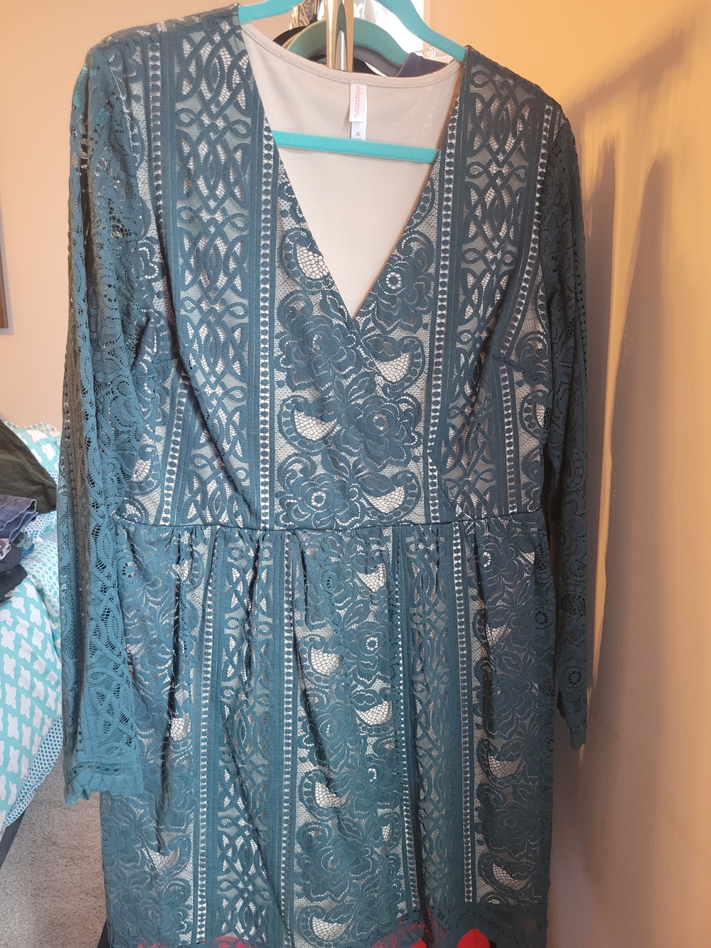Xhilaration Dark Green Long Sleeve Lace Overlay V-Neck Dress